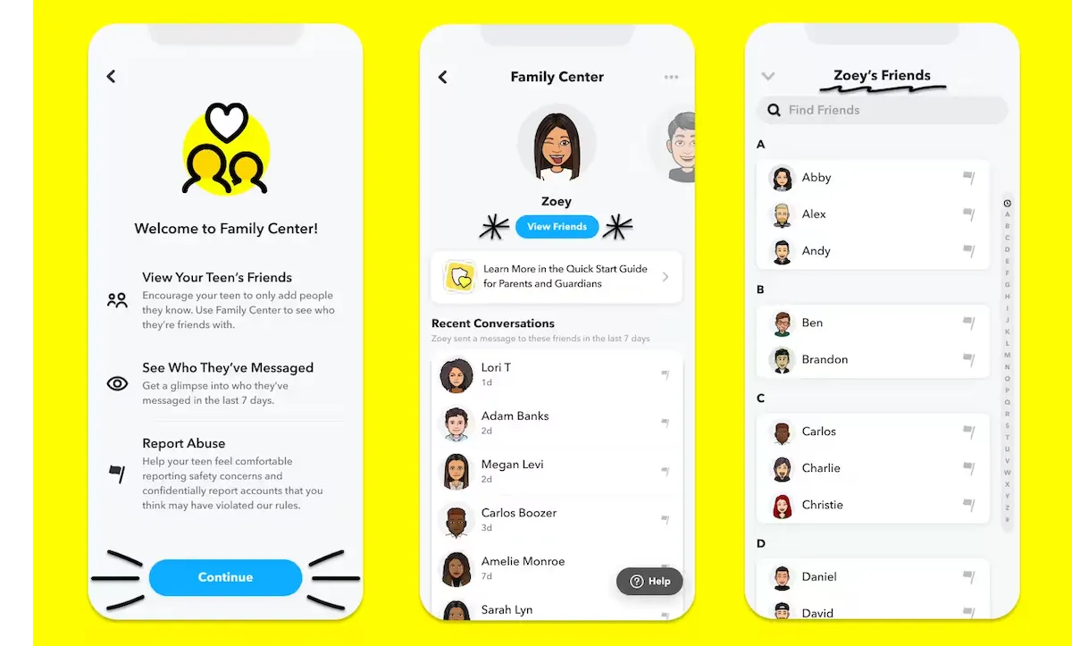 three mobile app screenshots showing the Snapchat Family Center with examples of seeing your child’s Snapchat friends and conversations